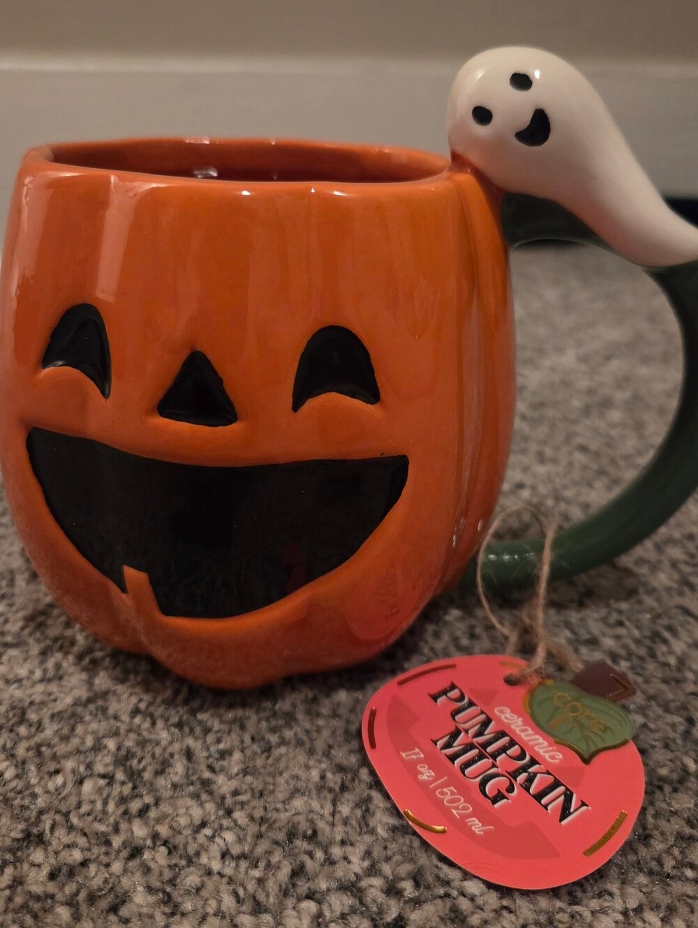 Ceramic Pumpkin Mug with Ghost Handle - Orange & Green Halloween Cool Spooky